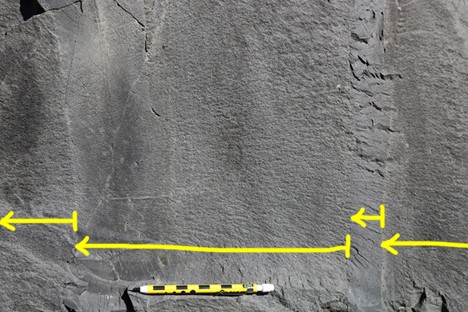 Annotated photograph showing four vertical beds of gray sedimentary rock. Each has a crisp, coarse base at right, and fines to the left, implying paleo-"up" is to the left.