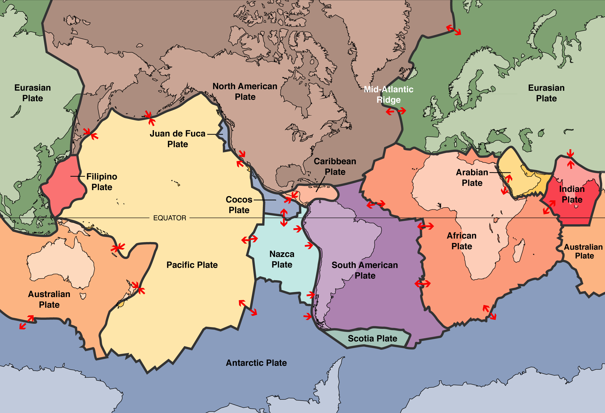 World map with plate boundaries illustrated. Lithospheric plates and the mid-Atlantic Ridge are labeled. 