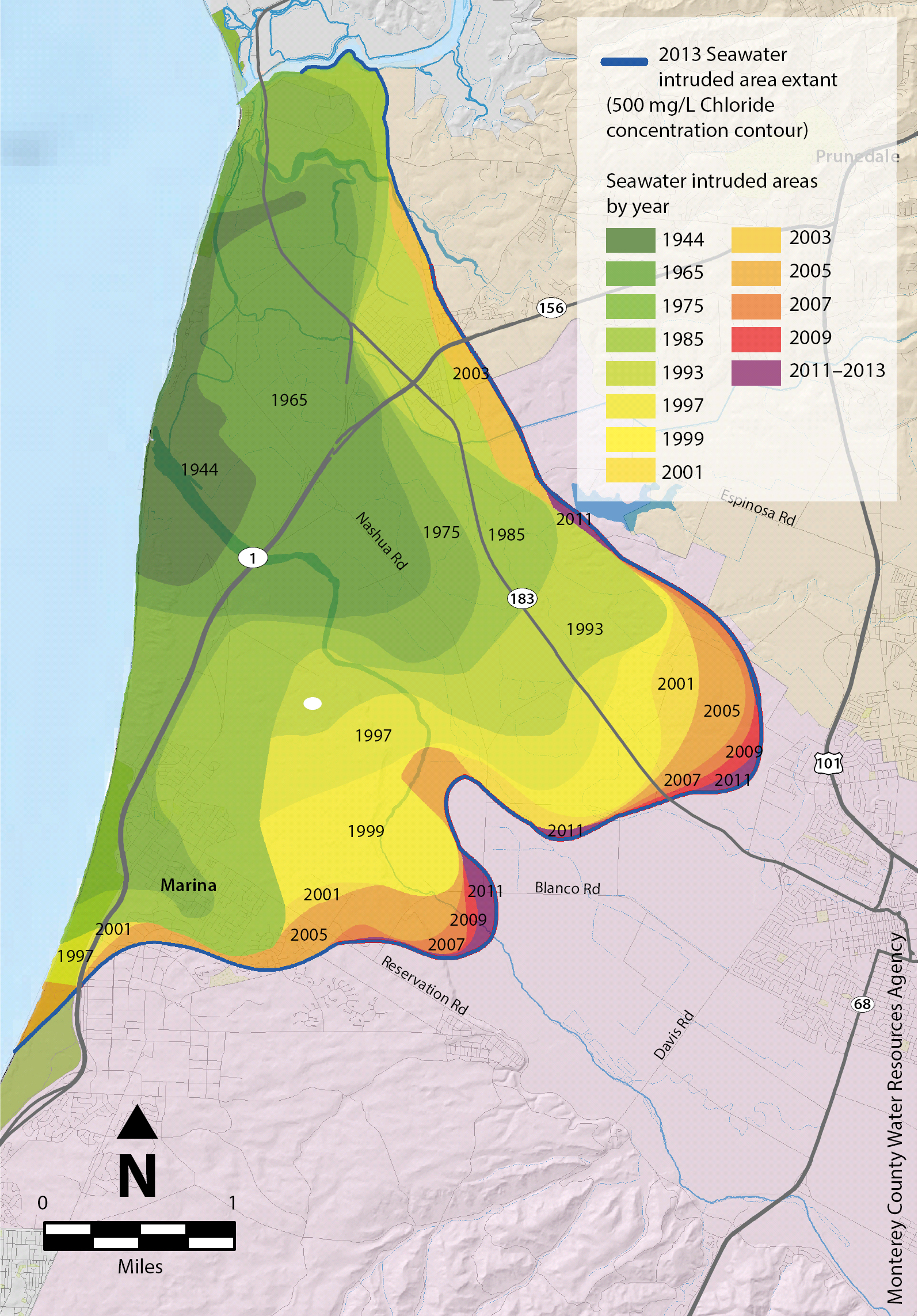 Saltwater intrusion into the Salinas Valley from the 1940s to the early 2010s; access a description in the caption.