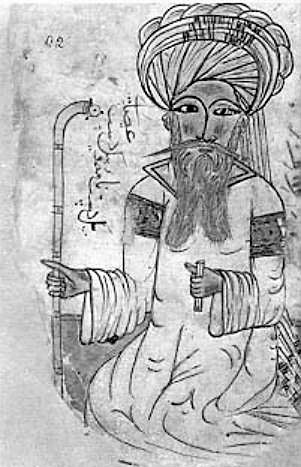 The black and white drawing is a man sitting on the ground, wearing a turban and holding a cane.