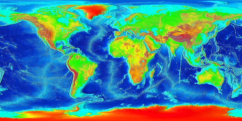 Color-coded map of the world. The shape of the continents is different than what is seen by just coastlines.