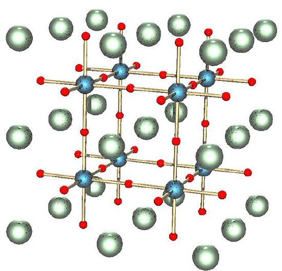 Crystal lattice composed of layer of green spheres with small red spheres and medium blue spheres.