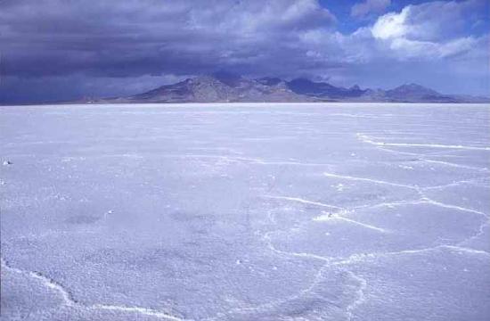 A layer of white salt crusts the Bonneville Salt Flats of Utah.