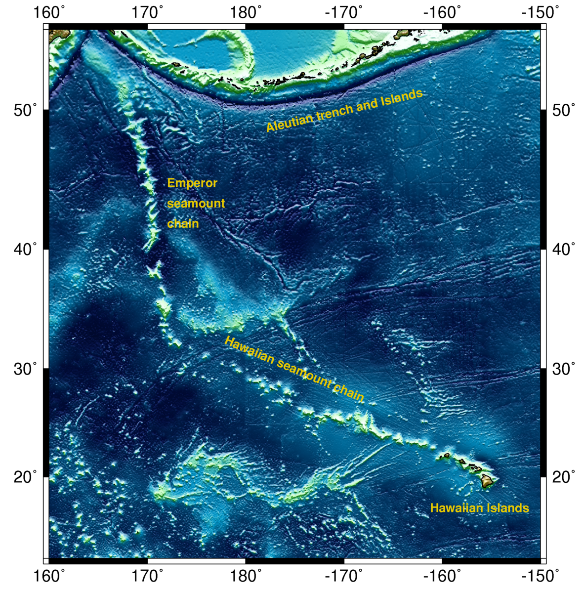 Map of the surface of the Pacific Ocean, with the Hawaiian island chain in the lower right corner. A long chain of submarine volcanoes continues to the left at a shallow angle to the northwest, then the chain bends to the north, to the upper left corner.