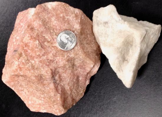 Pink marble and white marble specimens. Both have a sugary, crystalline appearance.