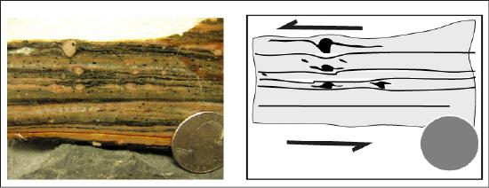 Layers of sheared material with rotated grains.