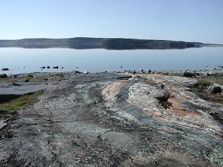 An outcrop of metamorphosed volcanic and sedimentary rocks that are in layers of dark gray and orange/white.