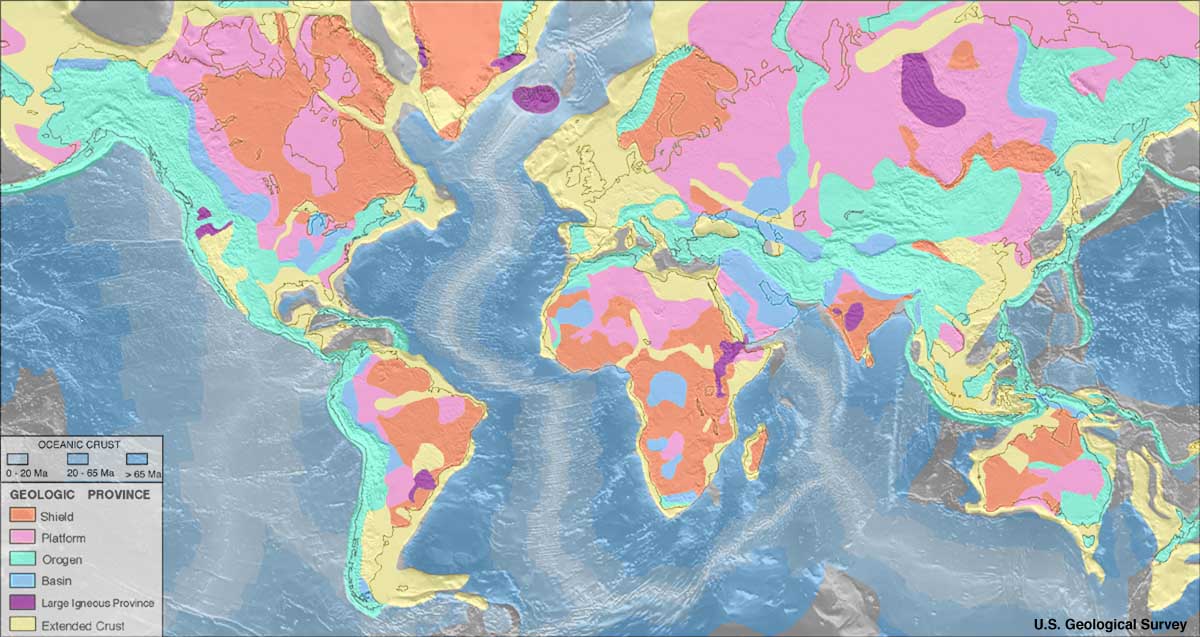 Color-coded map of the world showing the locations of shield, platform, orogen (mountain), basin, large igneous provinces, and extended crust rocks. The craton rocks are located in the interior of continents.