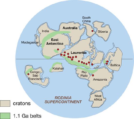 Globe showing the locations of the continents that made up the supercontinent Rodinia.