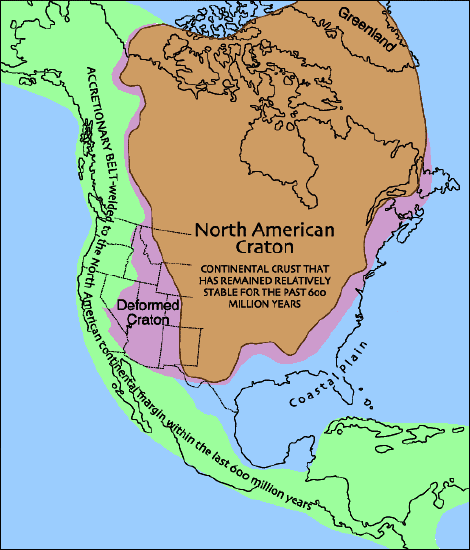 Colored map of North and Central America. The North American Craton is continental crust that has remained relatively stable for the past 600 million years. It covered most of North America, mostly the central and eastern parts. The deformed craton outlines the bottom and right and left sides of the North American Craton. The Accretionary Belt was welded to the North American continental margin within the last 600 million years. It is located across the west coast, down through Central America. 