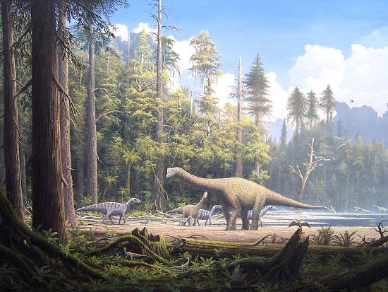 Several dinosaurs and their relatives are in the scene.