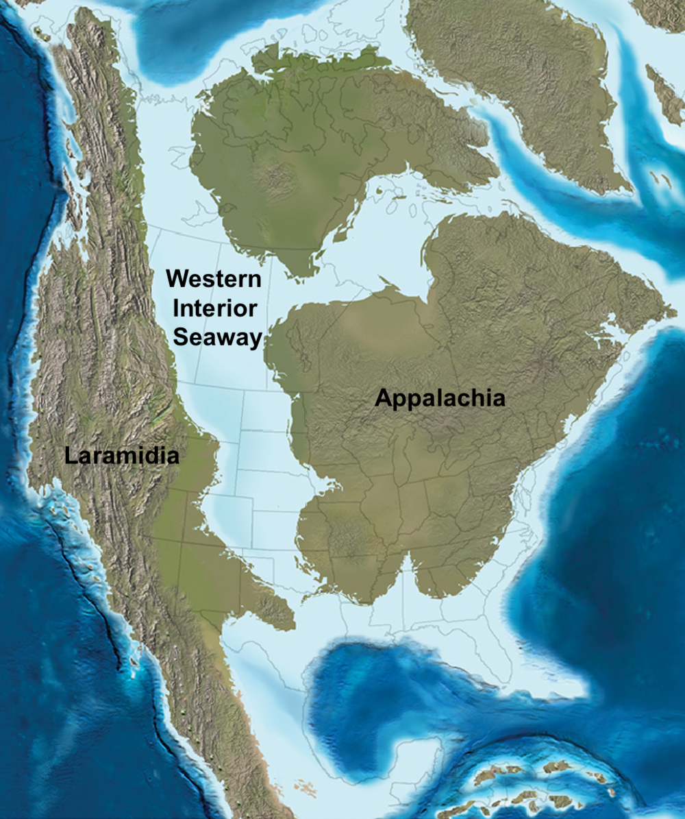 Map of North America with Laramidia on left, Western Interior Seaway and Hudson Seaway in the middle, and Appalachia on the right. The Labrador Seaway is at the top, above Canada.