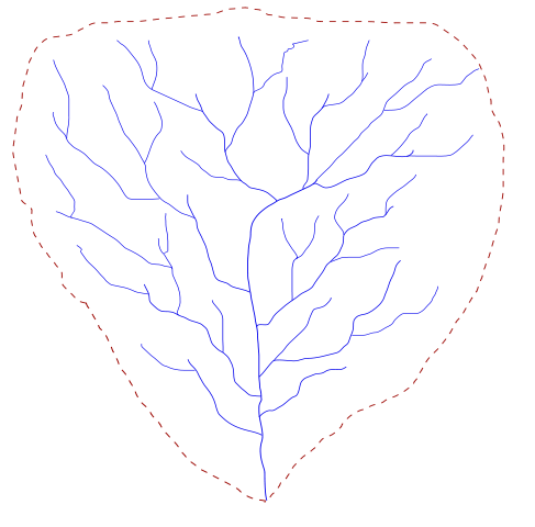 Map view of a drainage basin with main trunk streams and many tributaries with drainage divide in dashed red line.