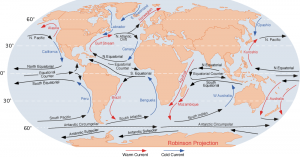 Warm currents are red, cold currents are blue.