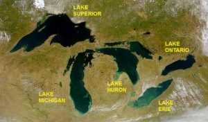 The five Great Lakes occupy basins left by the ice sheet in the Ice Age.