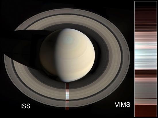 Image of Saturn and its Rings. Taken almost directly over one of Saturn’s poles, the rings are seen nearly face-on, completely encircling the planet. Sunlight arrives from lower right, while Saturn itself casts a shadow on the rings at upper left.