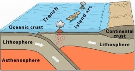 A diagram showing the features of a subduction zone where oceanic lithosphere is subducting under oceanic lithosphere.