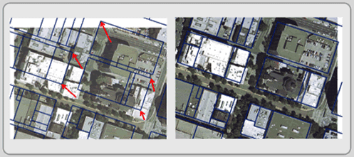 Figure 3.7: Georeferencing an image to its real-world location. The left map displays both the image we want to move and the area's parcels. The red arrows represent the corresponding points where you want to move points in the image. When the georeferencing is complete, the image will be at its real-world location.