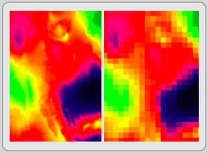 Figure 3.9: Resampling. The original image on the left had a pixel resolution of 250 meters. The resampled image on the right has a resolution of 2500 meters.