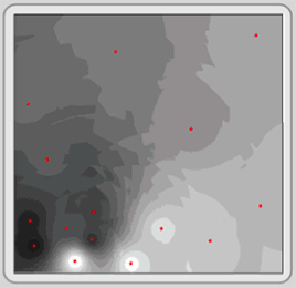 Figure 5.16:  Interpolating between point features.  The red dots are the points where values are known.  The gray cells are the estimated data based on the known values. 