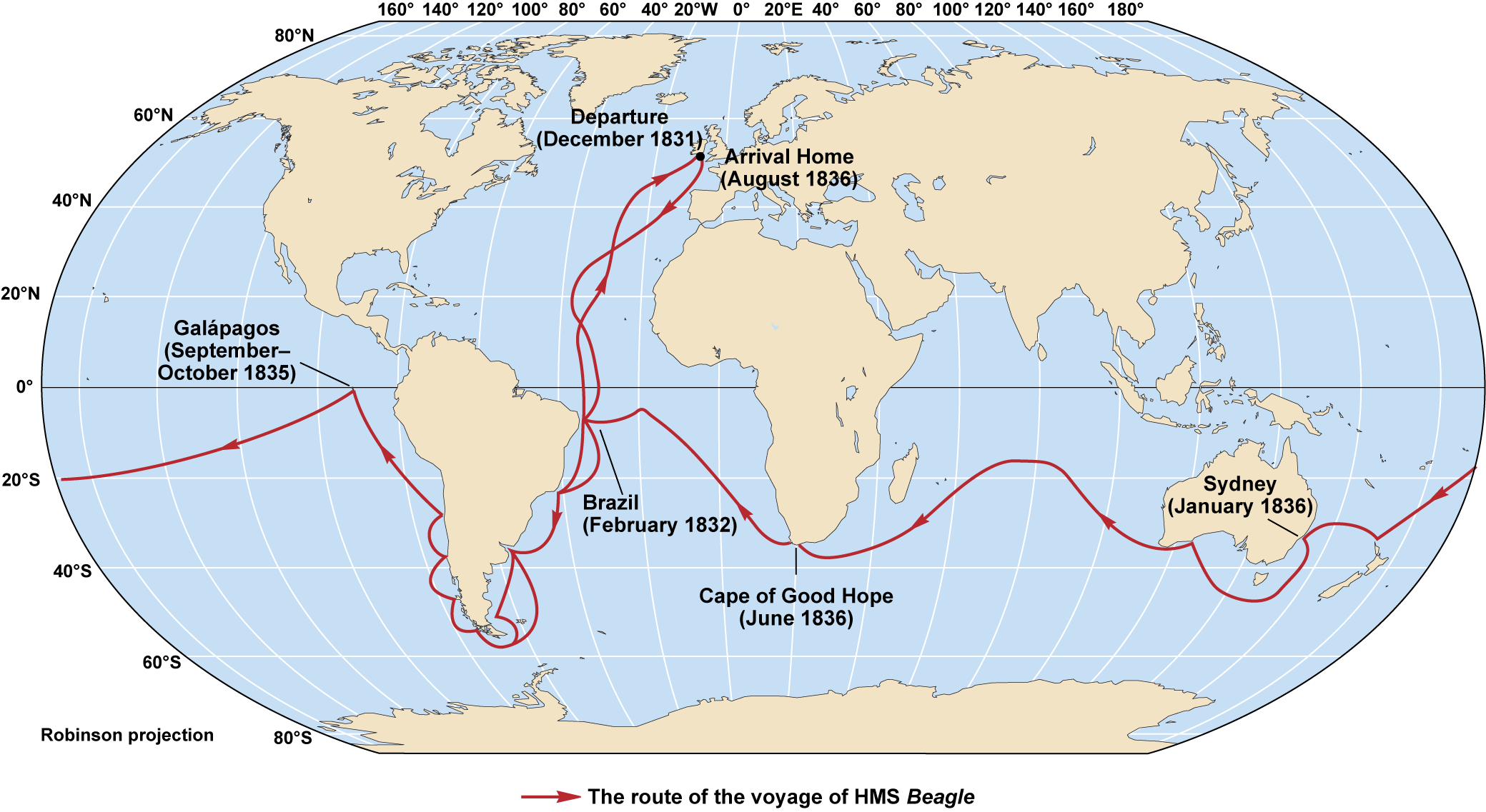 A world map showing the red route of the HMS Beagle&rsquo;s voyage from 1831&ndash;1836