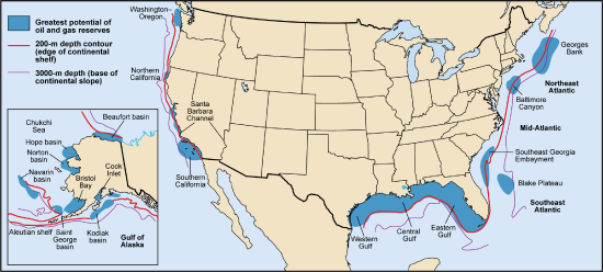A map of the U.S. showing shaded dark blue areas that mark the greatest potential for oil and gas reserves off the coast. These areas appear offshore in Alaska, California, Oregon, the Gulf of Mexico, and spots off the Atlantic coast.