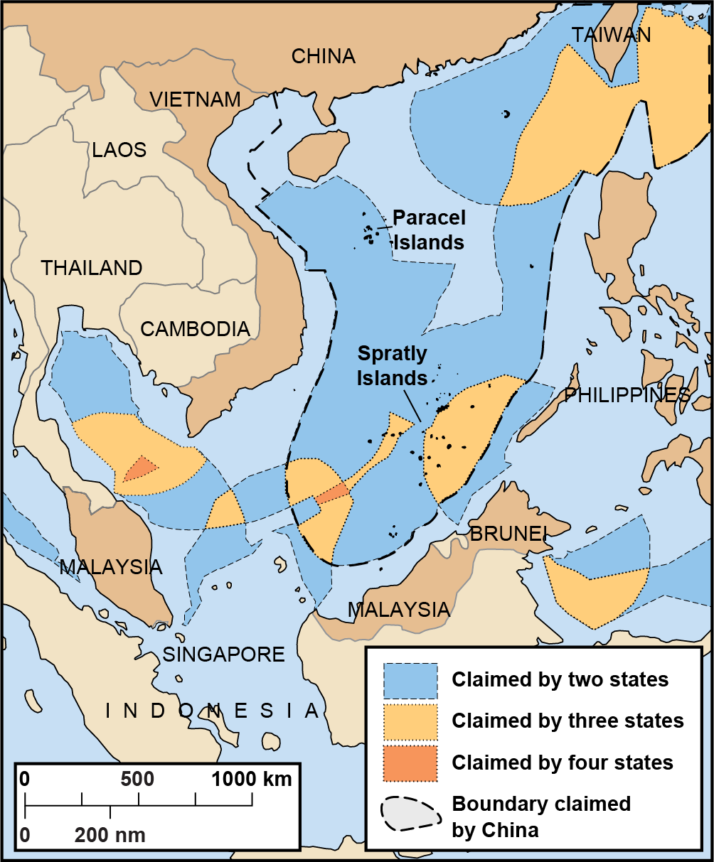 A map of the South China Sea showing territorial claims with color shading