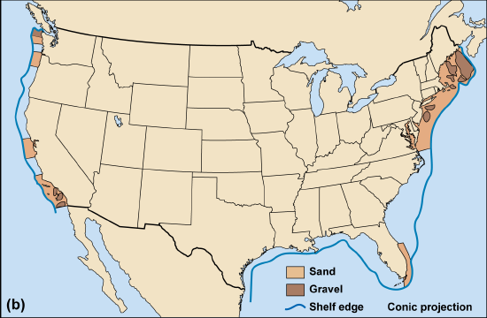 U.S. map with sand and gravel deposits and coastal shelf marked for Atlantic and Pacific coasts