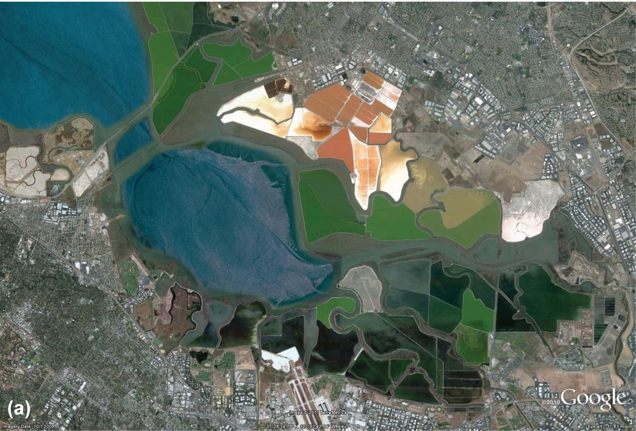 Satellite image of bright orange and green evaporation ponds in San Francisco Bay, California and an image of the resulting piles of salt.