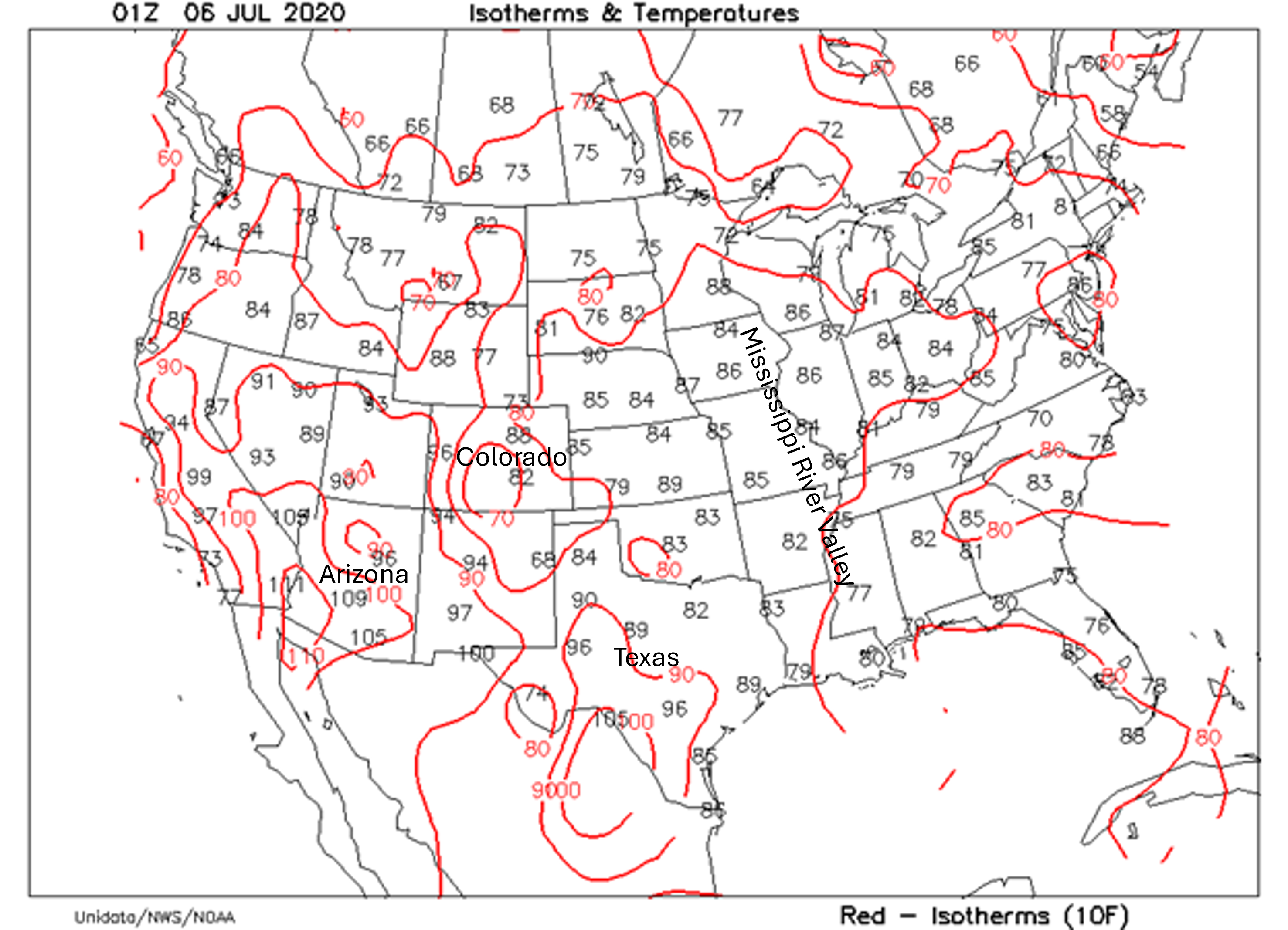 U.S. surface map with isotherms. Details in caption.