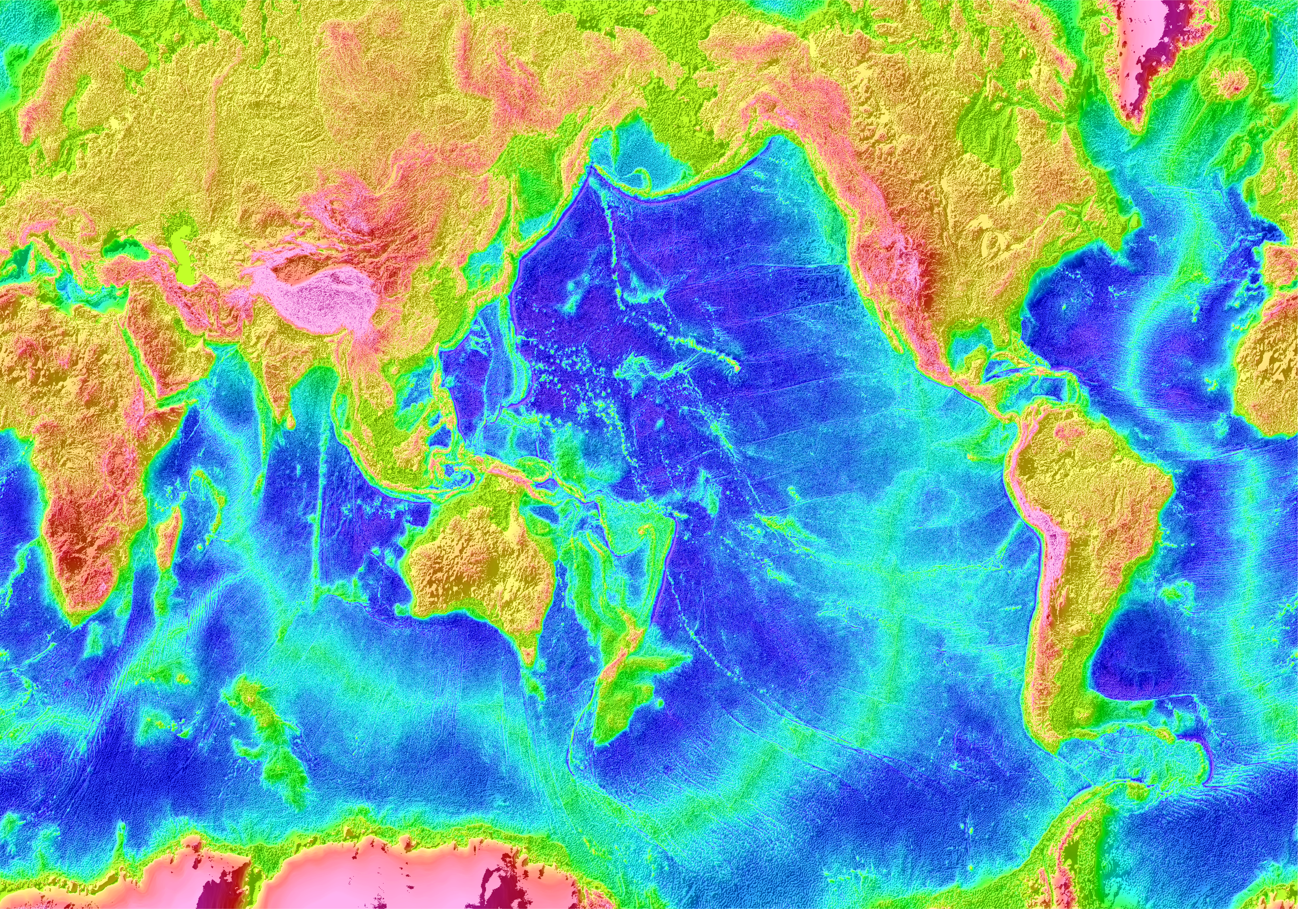 A rainbow colored map of the world’s topography and bathymetry.
