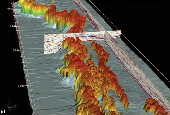 Two vertical planes with red and blue lines marking roughly horizontal layers with a rainbow-colored 3D model of seafloor mountains running down the middle.