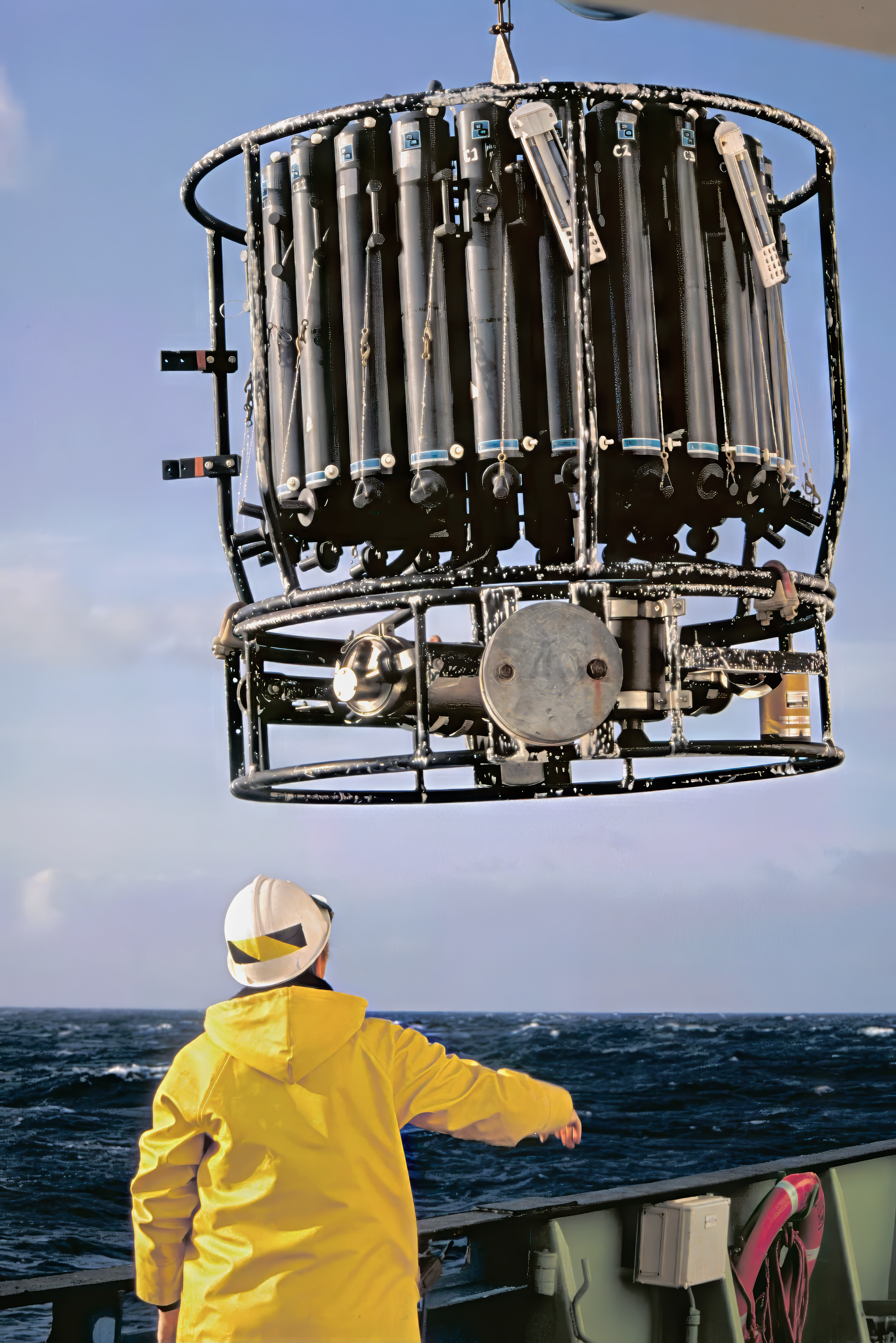 A man in a yellow jacket is looking up at a cylindrical metal frame filled with a ring of sample bottles.