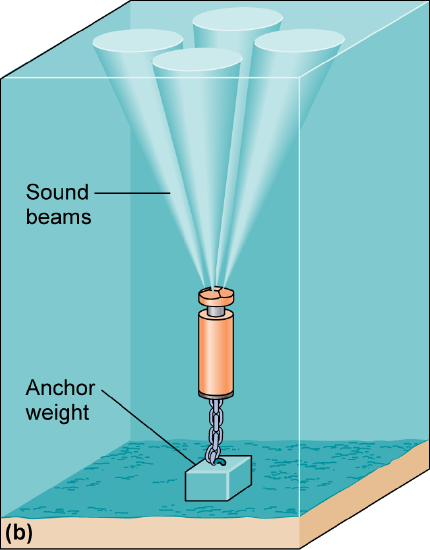 A weight on the seafloor connected to a cable and an apparatus emitting sound beams upward.