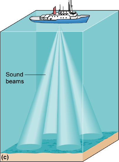 A ship emitting sound beams downward.