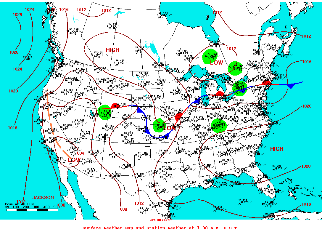 Surface weather map of North America with station model data, pressure contours and fronts at 7:00 AM EST.