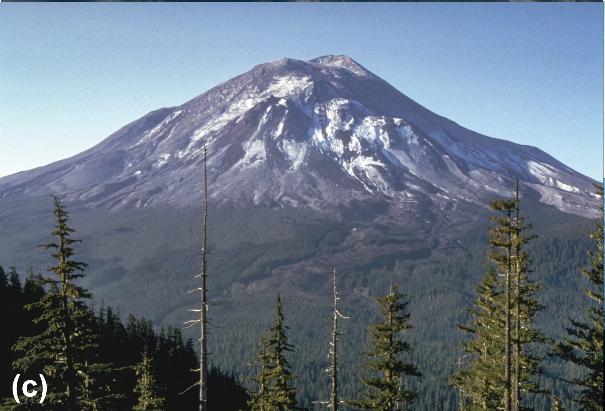 A mountain with trees on its lower slopes and snow on its upper slopes