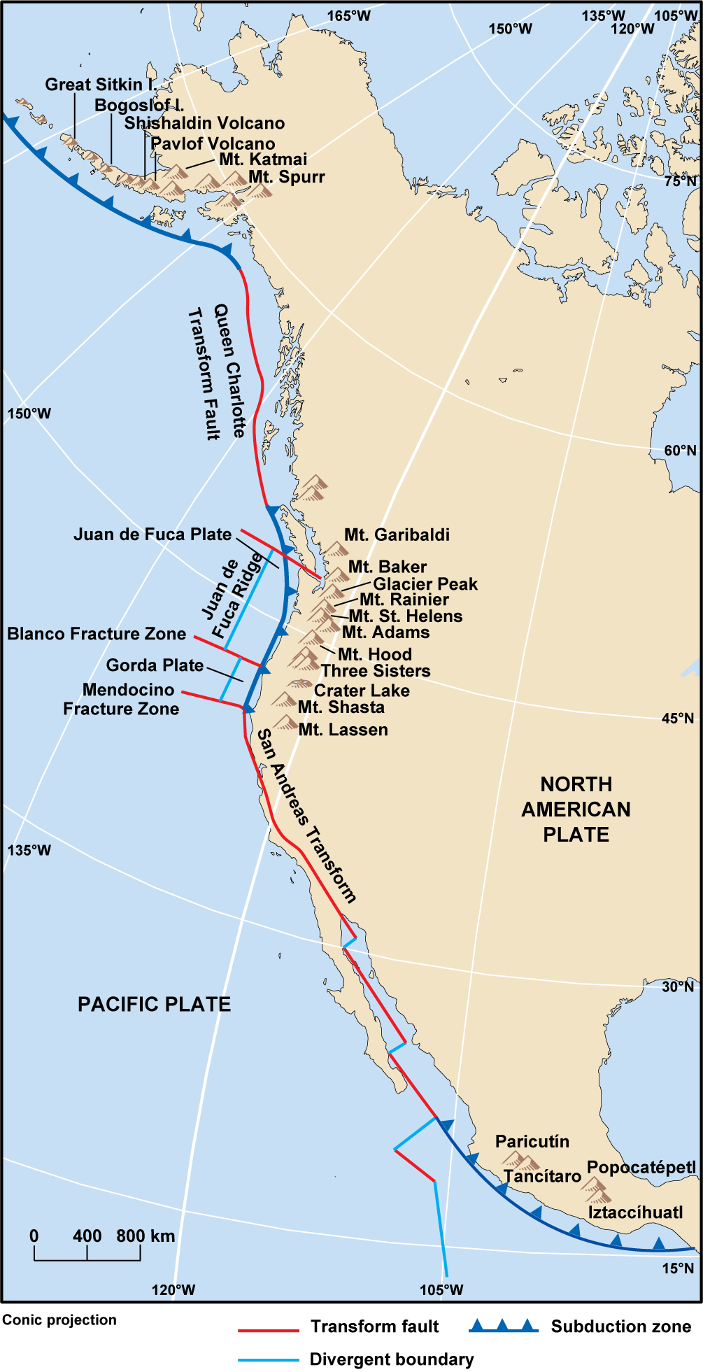 Map of western North America with fault lines along the West Coast