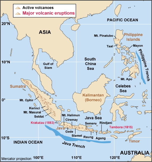 Map of Southeast Asia and Oceania with the South China Sea in the middle. Many mountains and volcanoes are labeled on the island arcs