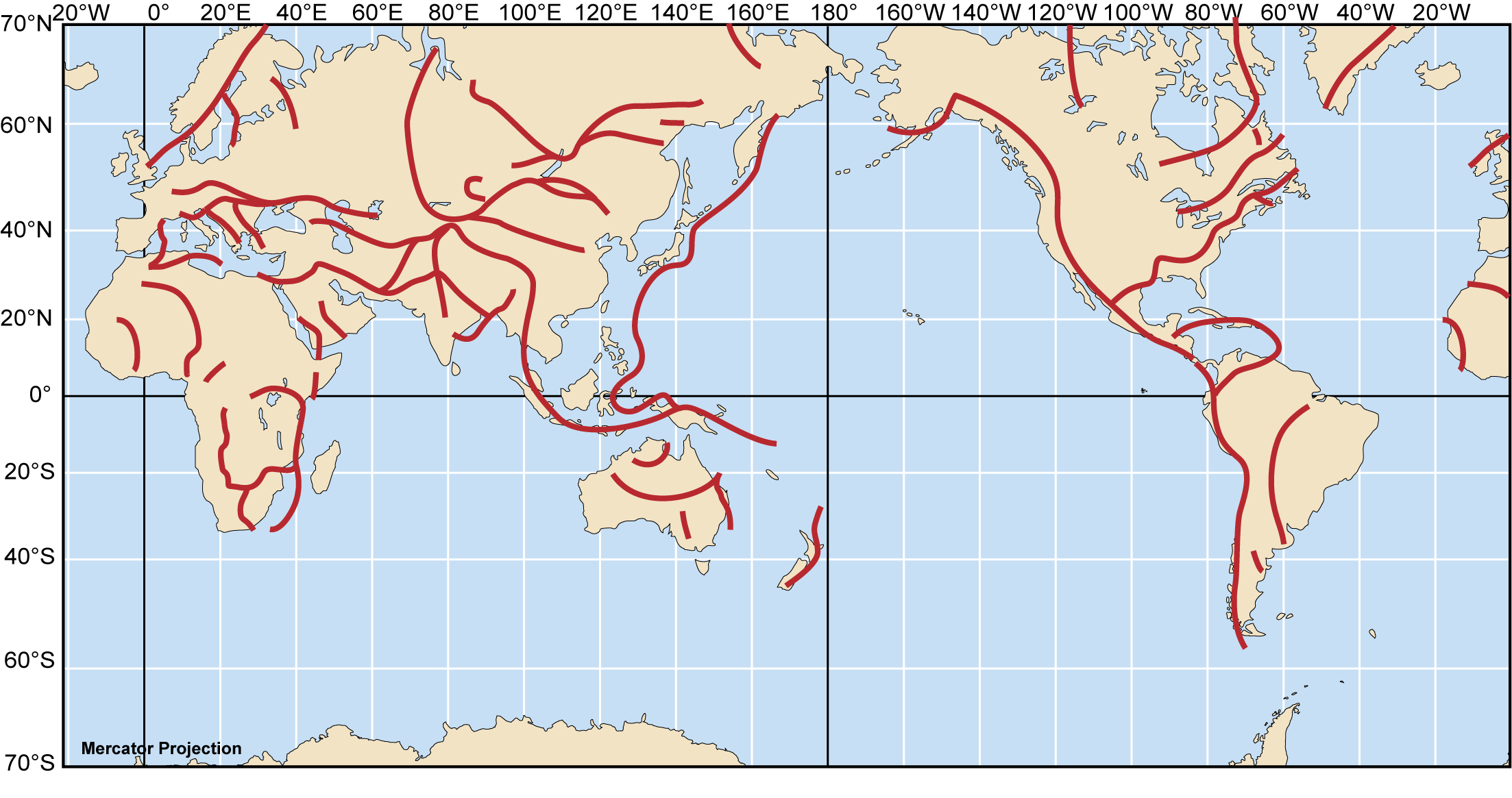 Map of the Earth with red lines showing previous plate boundaries, many of which are in Africa and Asia.