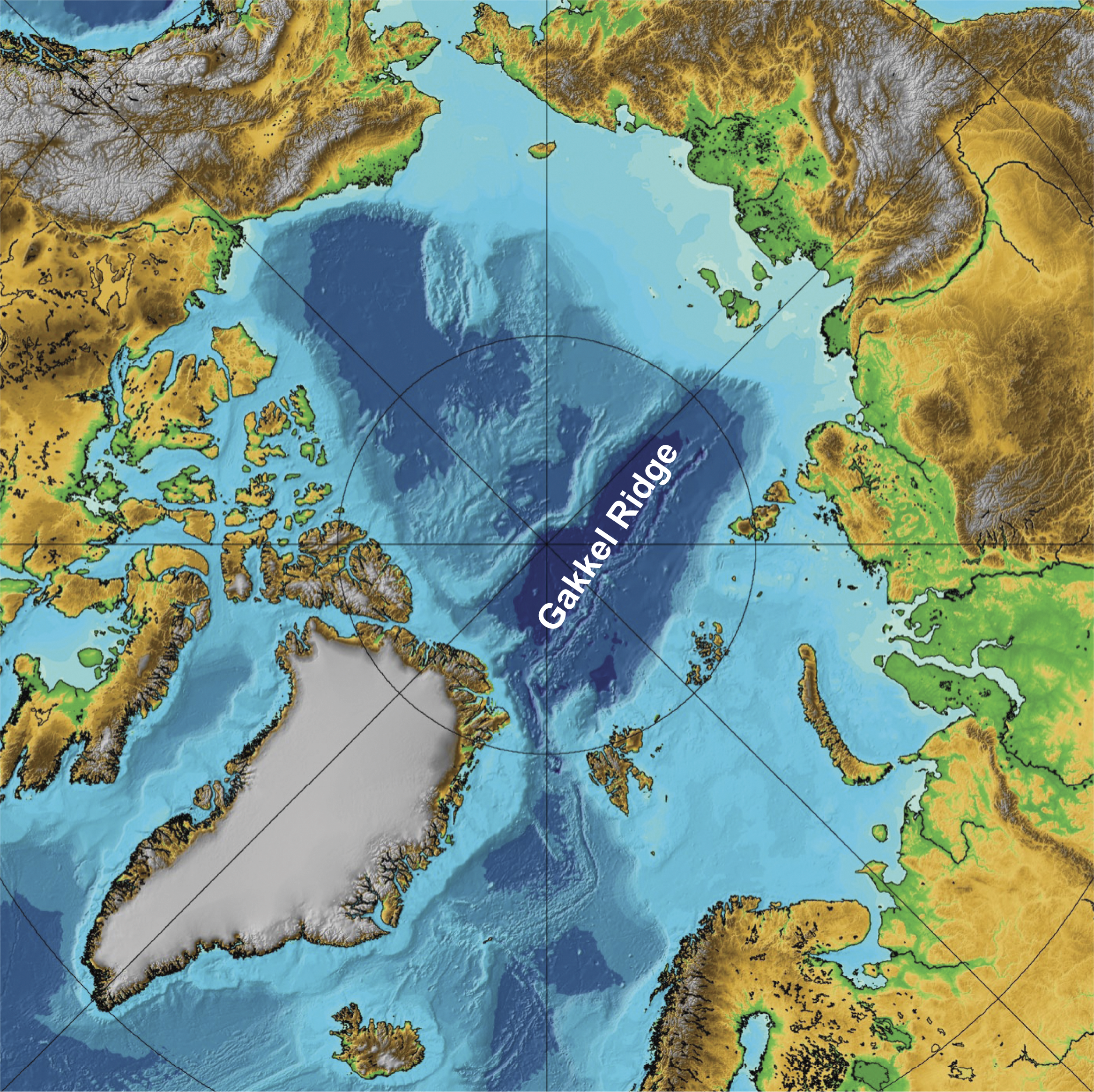 Map of the topography and bathymetry of the Arctic with Gakkel Ridge running from the southwest near Greenland toward the northeast