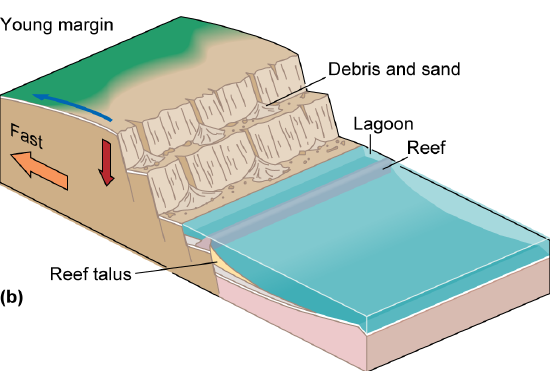 A cross-section of an area of thick crust with a steep cliff moving away from a shallow ocean