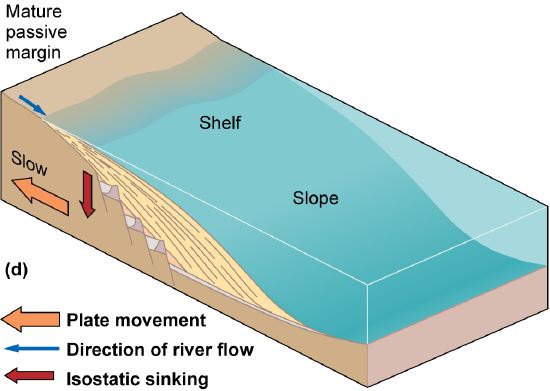 A cross-section of an area of thick crust with a very shallow slope and thick sediments