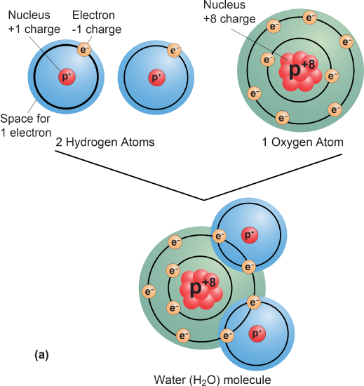 2 hydrogen and 1 oxygen molecules combing to form a water molecule