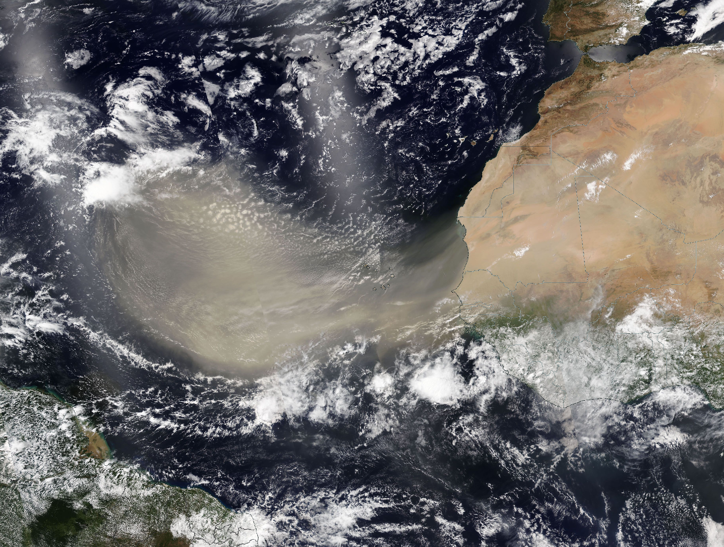 Sand visible in a satellite image of northwestern Africa and the Atlantic