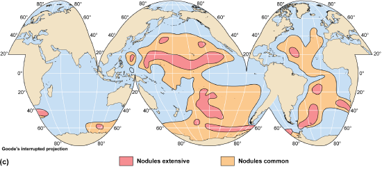 Global map showing nodules in the Pacific and Atlantic Oceans