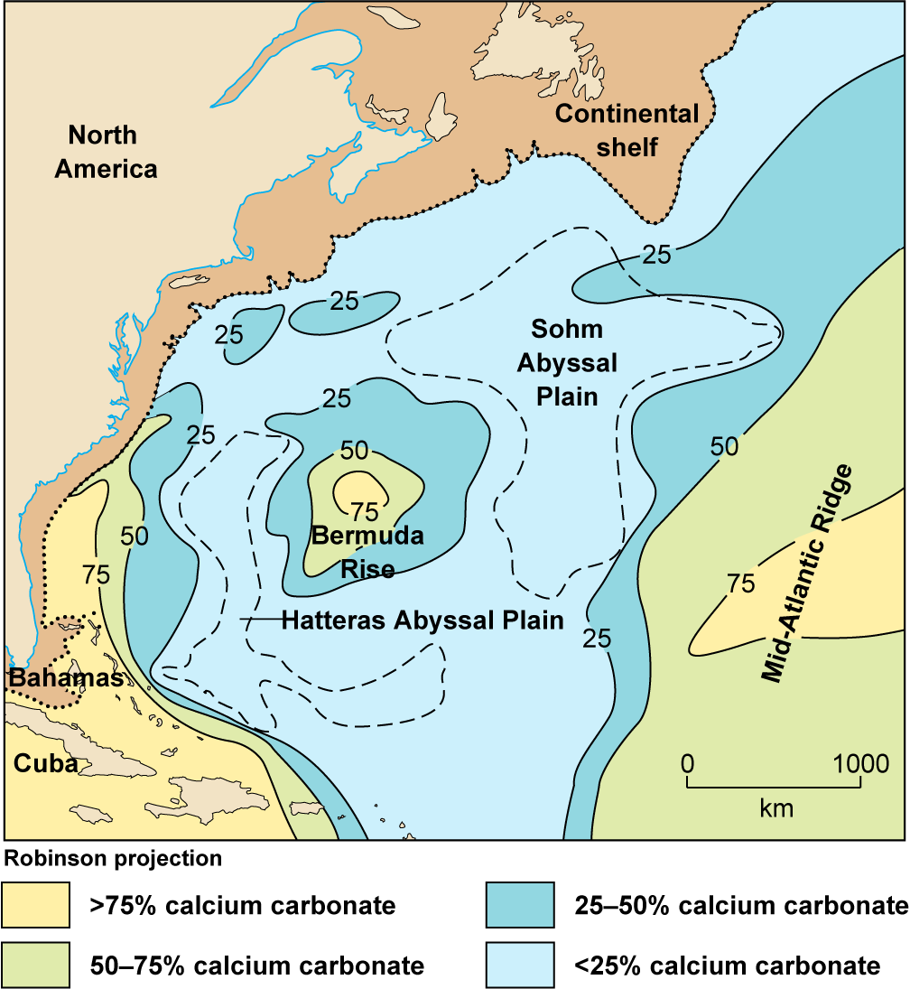 Map of North Atlantic ocean with concentration of calcium carbonate