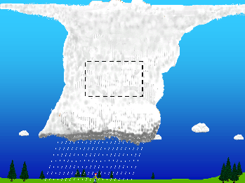 A tall thunderstorm with rain near the bottom and a dotted square in the middle.