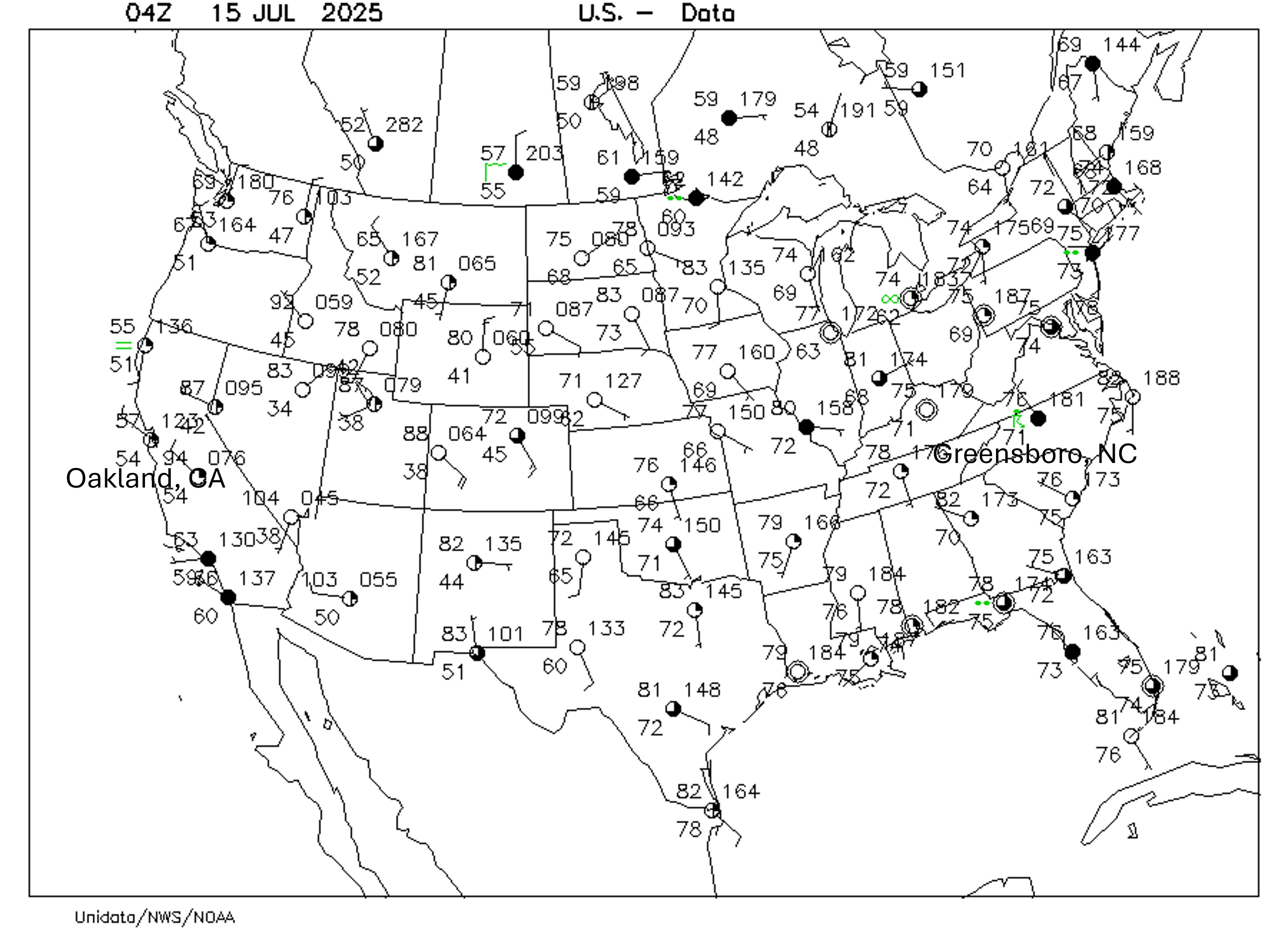 Surface weather observations across continental United States. Details in captions.