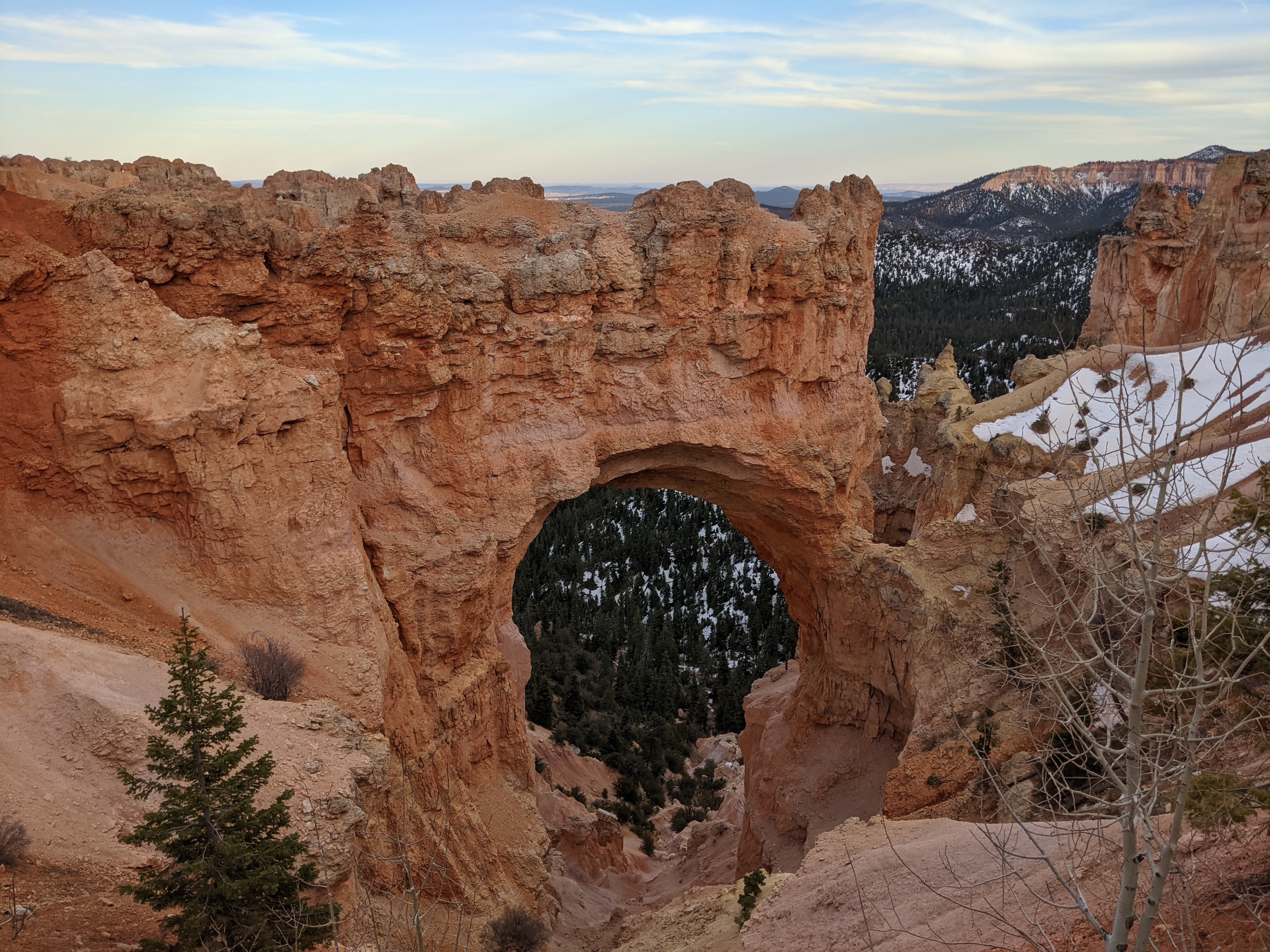 Natural Bridge in Bryce Canyon showing reddish-orange sedimentary rock layers. 